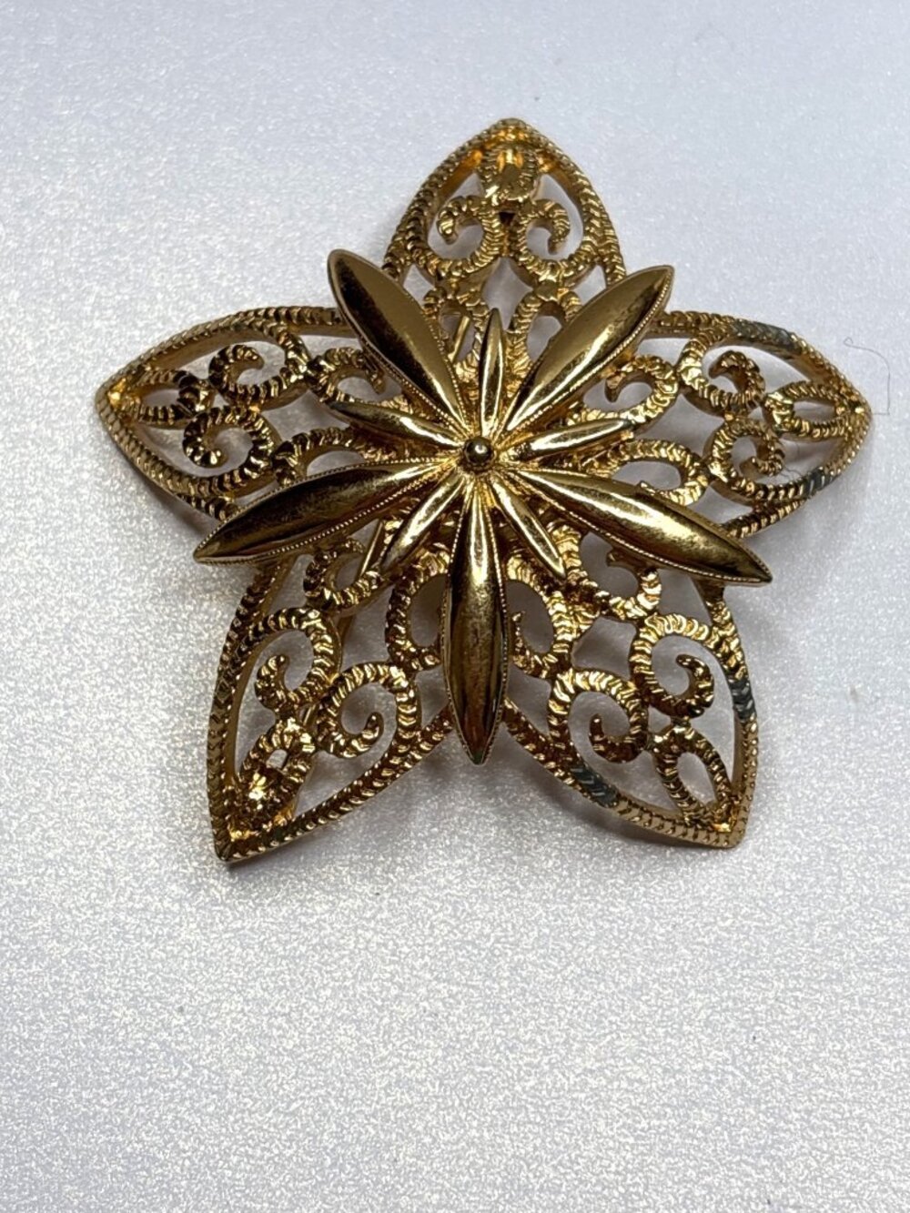 Vintage 5-Point Filigree Star Brooch | Gold Tone, Signed Monet